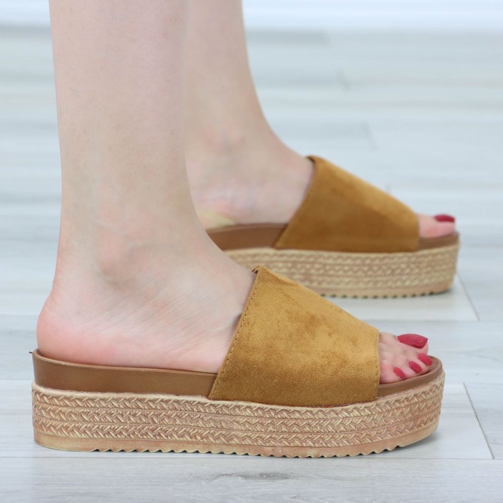 Faux Suede Tan Comfort Platform Sandal Slip On Sliders - Picture 10 of 14